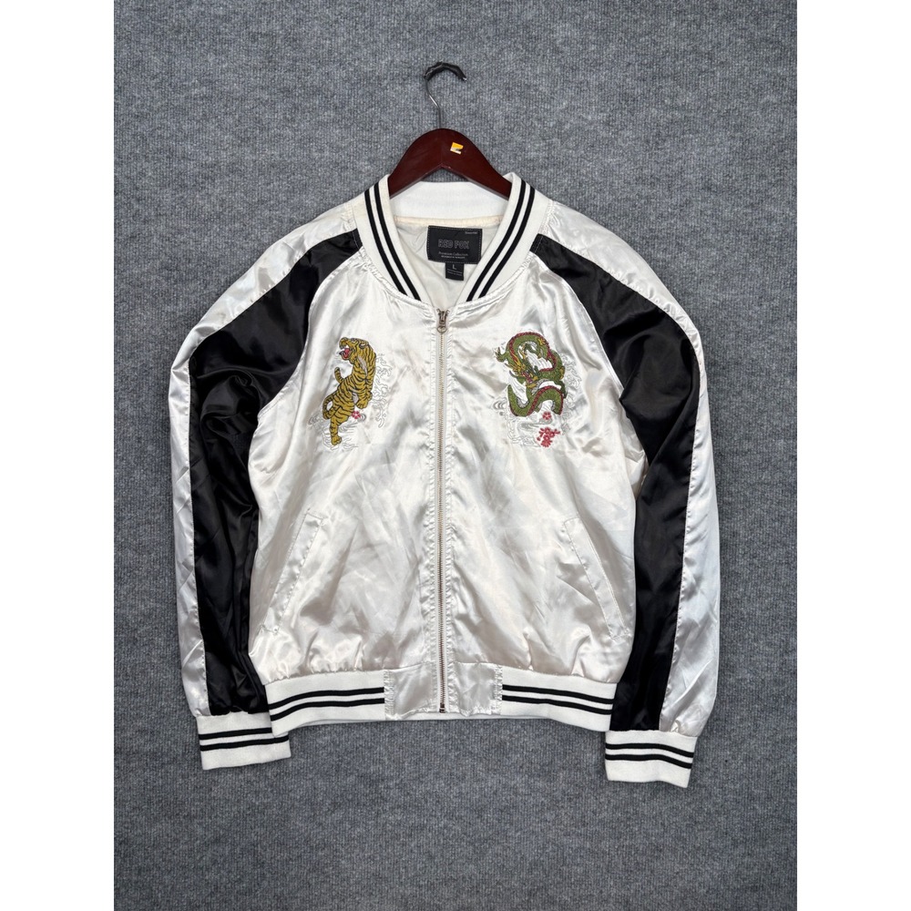 Red Fox Mens Large White Black Satin Souvenir Bomber Jacket Embroidered Dragon